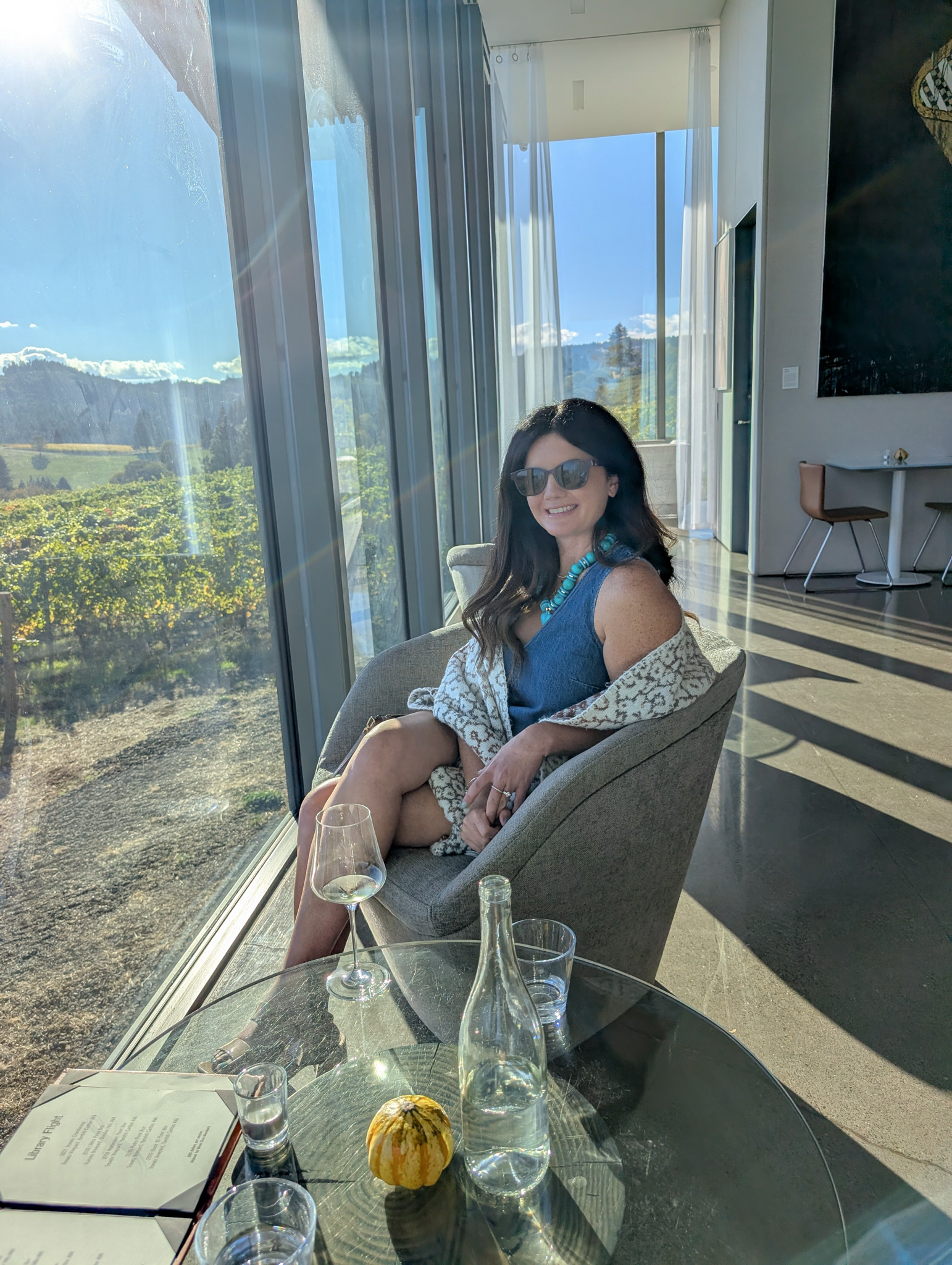 Sitting beside floor-to-ceiling windows overlooking the vineyards during our Furioso wine tasting